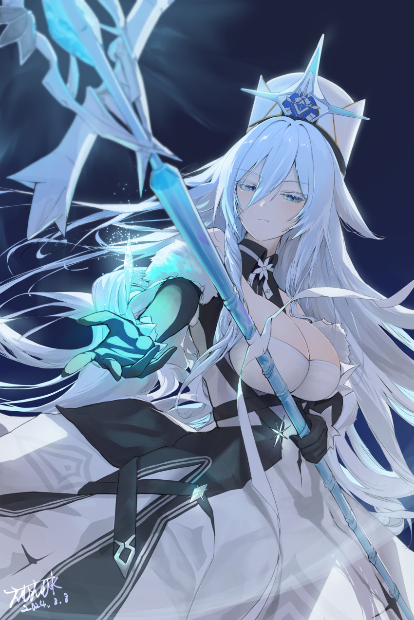 1girl absurdres azur_lane black_gloves blue_eyes capelet coat coat_dress fur-trimmed_coat fur_capelet fur_hat fur_trim gloves hat highres holding holding_scepter ice_crystal long_bangs long_hair military_hat mmk papakha scepter solo sovetsky_soyuz_(azur_lane) very_long_hair white_hair white_headwear