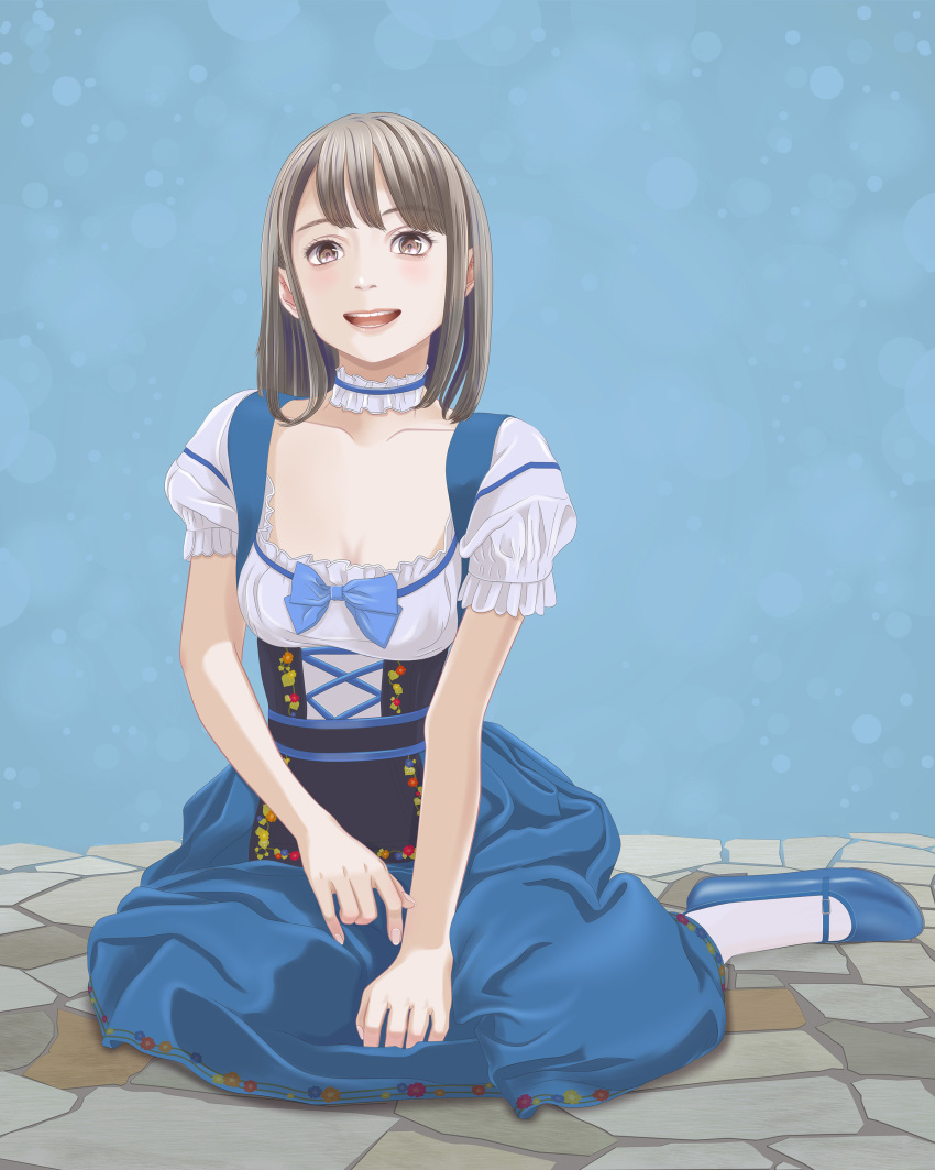 1girl absurdres blue_background blue_bow blue_choker blue_dress blue_footwear blush bow breasts brown_eyes brown_hair choker cleavage collarbone dirndl dress frilled_choker frills full_body german_clothes highres looking_at_viewer medium_breasts medium_hair on_ground open_mouth original parted_bangs puffy_short_sleeves puffy_sleeves shadow short_sleeves sitting smile socks solo teeth toyoki underbust white_dress white_socks