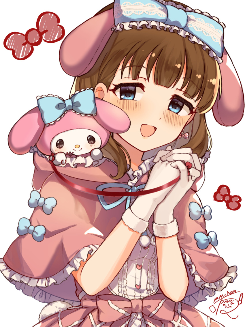 1girl :d animal_ears blue_bow blunt_bangs blush bow bow_earrings brown_hair capelet center_frills choppy_bangs commentary_request commission cosplay creature dress earrings fake_animal_ears frilled_capelet frilled_dress frills fur-trimmed_capelet fur-trimmed_gloves fur_trim gloves hair_bow highres hood hooded_capelet idolmaster idolmaster_cinderella_girls interlocked_fingers jewelry lop_rabbit_ears medium_hair mmmakaron888 my_melody my_melody_(cosplay) onegai_my_melody open_mouth own_hands_clasped own_hands_together pink_capelet pink_dress rabbit_ears sakuma_mayu sanrio signature simple_background skeb_commission smile string string_of_fate upper_body white_background white_gloves