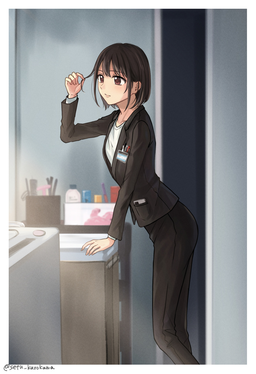 1girl absurdres badge black_hair brown_eyes cellphone commission highres holding holding_hair original pant_suit pants pen phone pixiv_commission setu_kurokawa short_hair solo suit utensil