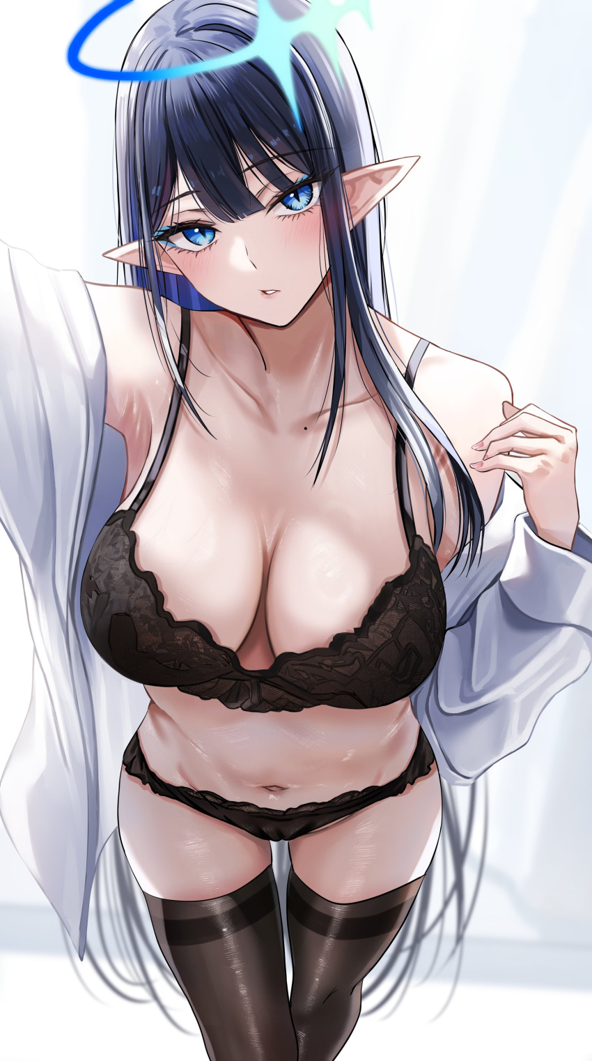 1girl absurdres black_bra black_hair black_panties black_thighhighs blue_archive blue_eyes blue_hair bra breasts collarbone colored_inner_hair commentary halo highres large_breasts long_hair long_sleeves looking_at_viewer mole mole_on_collarbone multicolored_hair navel nicky_w open_clothes open_mouth open_shirt panties parted_lips pointy_ears rin_(blue_archive) selfie shirt solo thighhighs underwear white_background white_shirt