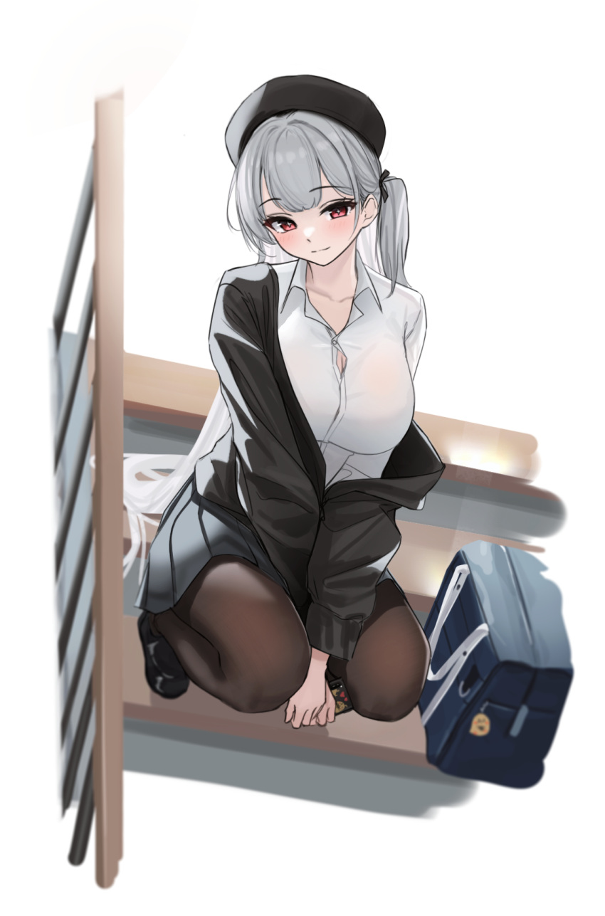 1girl azur_lane bag black_headwear black_jacket black_pantyhose breasts button_gap cellphone cleavage closed_mouth collared_shirt cross-shaped_pupils dress_shirt duffel_bag g_home grey_hair hat highres holding holding_phone jacket large_breasts long_hair looking_at_viewer off_shoulder official_alternate_costume one_side_up open_clothes open_jacket pantyhose phone pleated_skirt red_eyes school_bag school_uniform scylla_(azur_lane) scylla_(femme_fatale_fresher)_(azur_lane) shirt side_ponytail skirt smartphone smile solo squatting stairs symbol-shaped_pupils white_shirt
