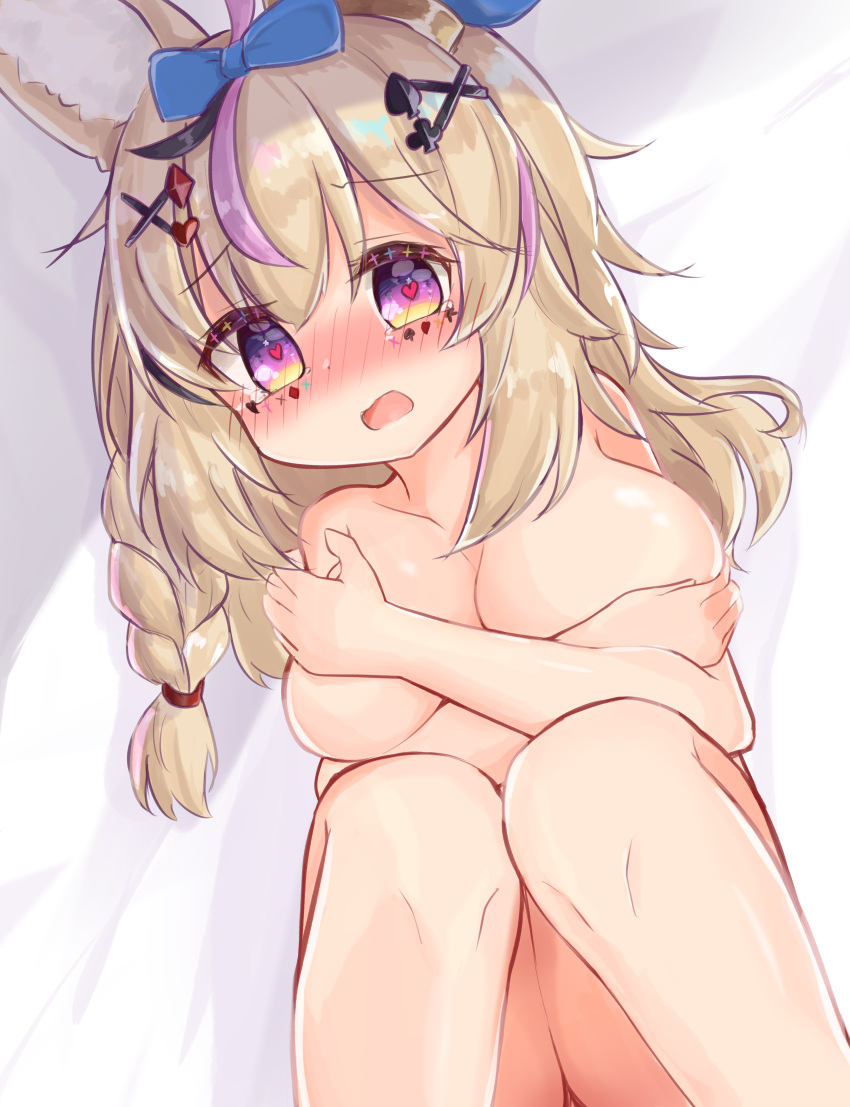 1girl absurdres ahoge animal_ear_fluff animal_ears black_hair blonde_hair blue_bow blush bow braid breasts cleavage commentary completely_nude covering_breasts covering_privates cowboy_shot facial_mark fox_ears fox_girl hair_bow heart heart-shaped_pupils highres hololive kanami9731 knees_up large_breasts long_hair looking_at_viewer multicolored_hair nose_blush nude omaru_polka open_mouth pink_hair purple_eyes side_braid simple_background single_braid sitting solo streaked_hair symbol-shaped_pupils virtual_youtuber white_background