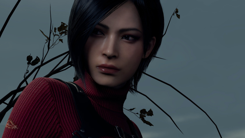 1girl ada_wong asian black_hair bob_cut curtained_hair game_cg game_screenshot highres red_lips red_sweater resident_evil resident_evil_4 screenshot sweater tagme torn_clothes