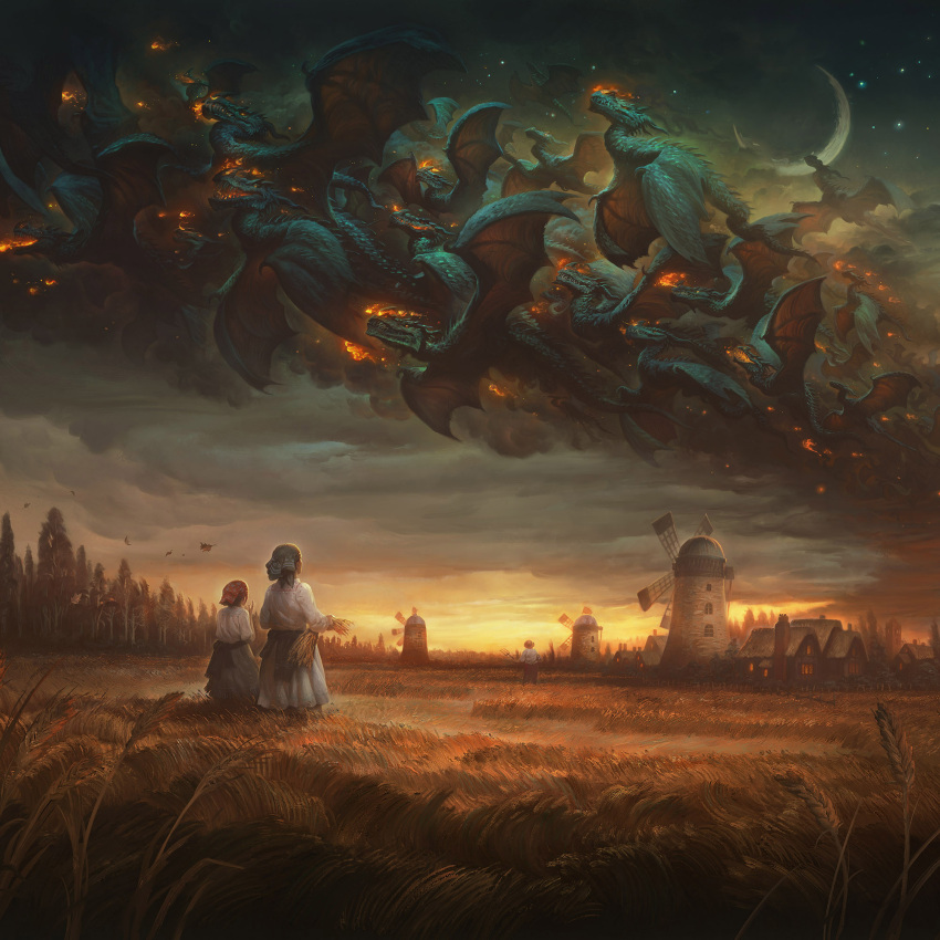 2girls breath_weapon breathing_fire building cloud commentary crescent_moon dragon english_commentary facing_away fantasy field fire flying grey_skirt head_scarf highres house justin_gerard monster moon multiple_girls night night_sky original outdoors scenery shirt skirt sky smoke standing star_(sky) starry_sky sunset tree western_dragon wheat_field white_shirt wide_shot windmill wyvern
