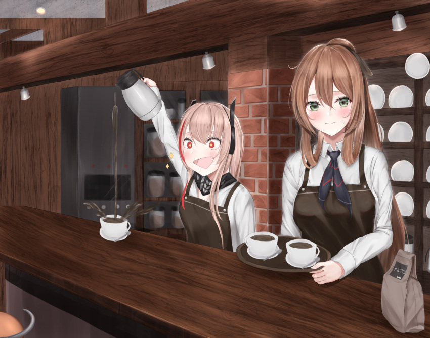 2girls apron blonde_hair braid brown_apron brown_hair cafe closed_mouth coffee coffee_cup cup disposable_cup girls'_frontline green_eyes hair_between_eyes hair_ribbon headset long_hair m4_sopmod_ii_(girls'_frontline) mama_m1903 mask multiple_girls necktie open_mouth percolator red_eyes ribbon shirt skull_mask springfield_(girls'_frontline) white_shirt