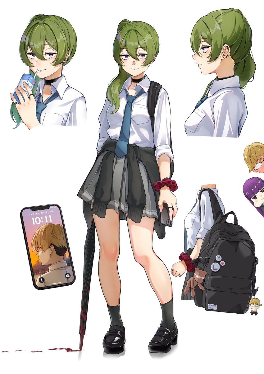 1boy 2girls alternate_costume bag bag_charm black_choker black_footwear black_socks black_sweater blonde_hair blood blue_necktie cellphone charm_(object) choker clothes_around_waist collared_shirt commentary_request contemporary drinking drinking_straw ear_piercing earrings fern_(sousou_no_frieren) glasses green_hair grey_skirt hair_between_eyes highres holding holding_phone holding_umbrella jewelry juice_carton land_(sousou_no_frieren) long_hair multiple_girls multiple_rings multiple_views necktie phone piercing pleated_skirt pout puffy_cheeks purple_eyes purple_hair ring school_bag school_uniform screen scrunchie shirt shirt_tucked_in short_hair side_ponytail skirt smartphone smile socks sousou_no_frieren sweater sweater_around_waist ubel_(sousou_no_frieren) umbrella white_shirt wrist_scrunchie yami_anko