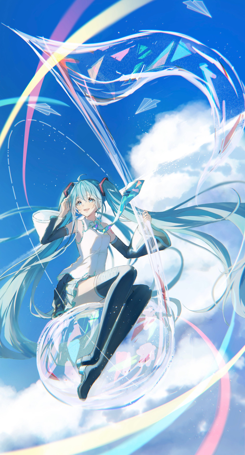 1girl :d absurdres aqua_eyes aqua_hair aqua_necktie black_footwear black_skirt black_sleeves blue_sky boots bubble cloud collared_shirt detached_sleeves full_body hair_between_eyes hair_ornament hand_in_own_hair hatsune_miku highres holding light_rays miku_day musical_note necktie number_tattoo open_mouth paper_airplane pleated_skirt potate quarter_note shirt shoulder_tattoo sitting skirt sky sleeveless sleeveless_shirt smile solo tattoo teeth thigh_boots tie_clip tongue upper_teeth_only very_long_sleeves vocaloid white_shirt