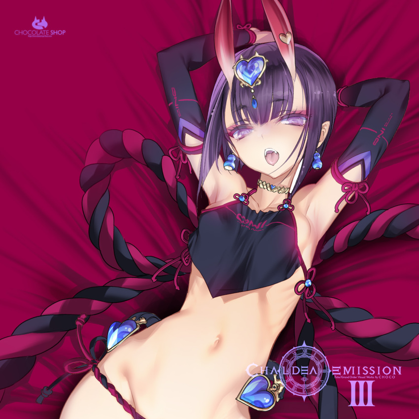 1girl bed_sheet breasts chinese_clothes choco_(chocolate_shop) dudou earrings elbow_gloves fate/grand_order fate_(series) gloves heart-shaped_gem highres jewelry looking_at_viewer lying navel on_back oni open_mouth pink_background purple_eyes purple_hair rope shimenawa short_hair shuten_douji_(fate) shuten_douji_(halloween_caster)_(fate) small_breasts solo teeth upper_body upper_teeth_only