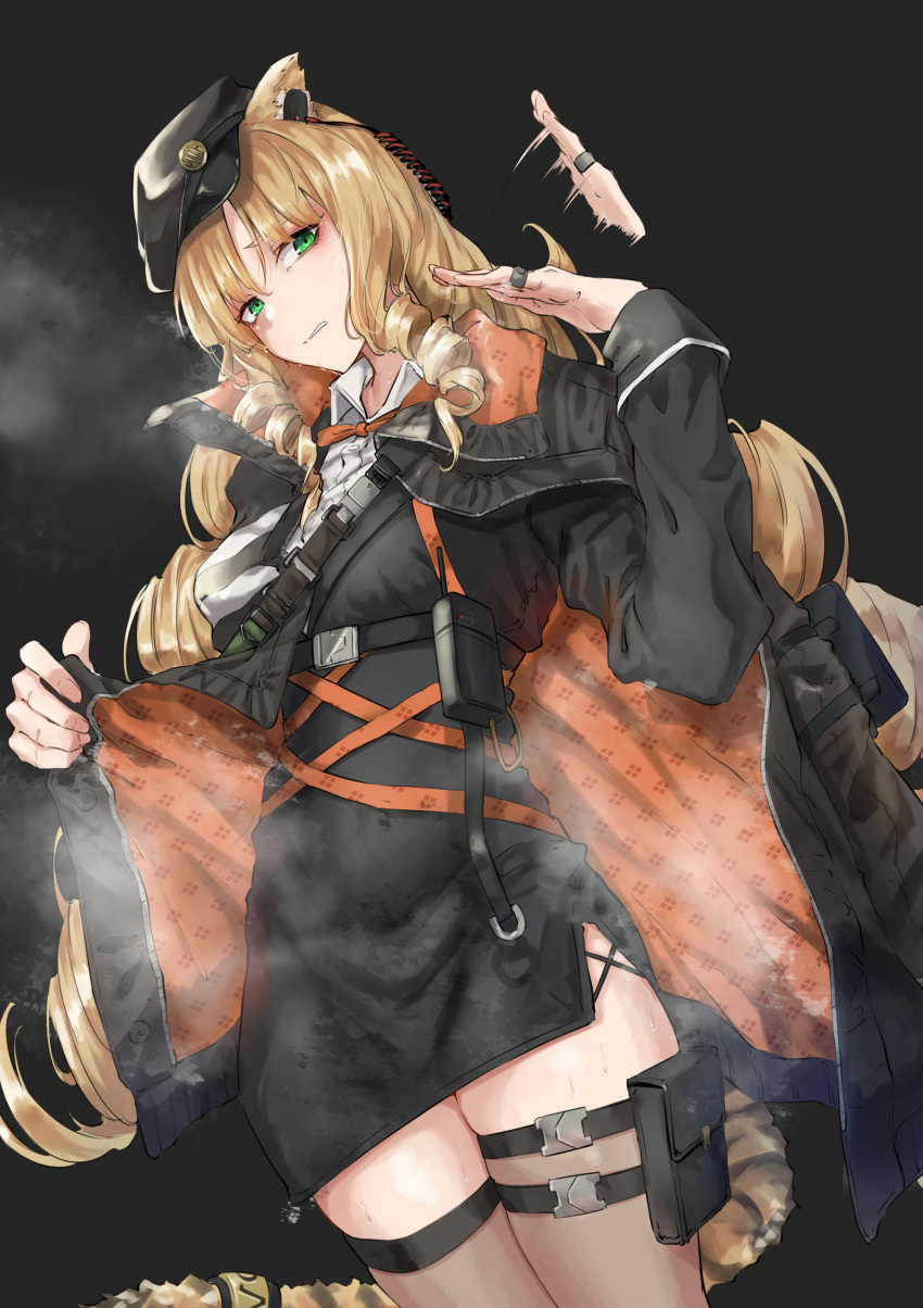 1girl absurdres arknights black_background blonde_hair coat dress fanning_self green_hair hat highres kuromu long_hair looking_at_viewer short_dress solo steam steaming_body sweat swire_(arknights) thigh_strap thighhighs