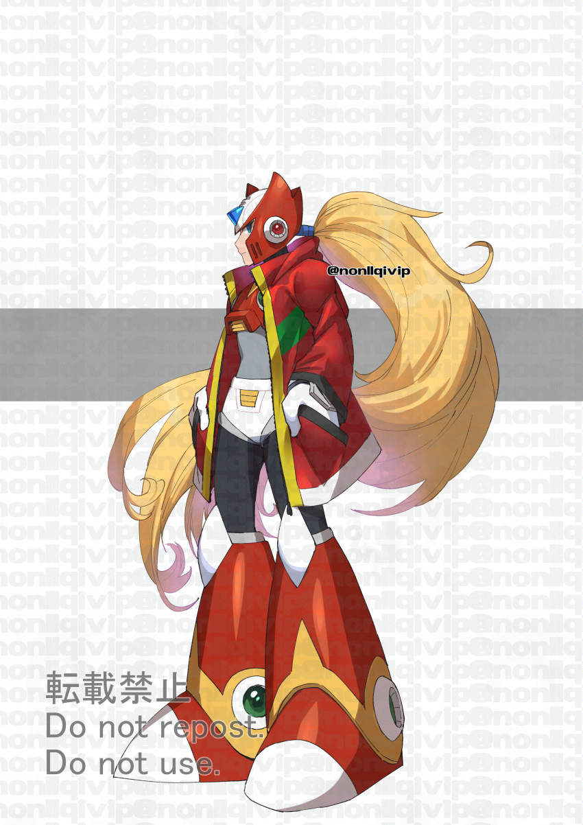 1boy absurdres alternate_costume android blonde_hair blue_eyes boots chest_jewel forehead_jewel hands_in_pockets helmet highres jacket long_hair mega_man_(series) mega_man_x_(series) open_clothes open_jacket ponytail red_footwear red_headwear red_jacket simple_background solo twitter_username watermark white_background yamanashi_taiki zero_(mega_man)