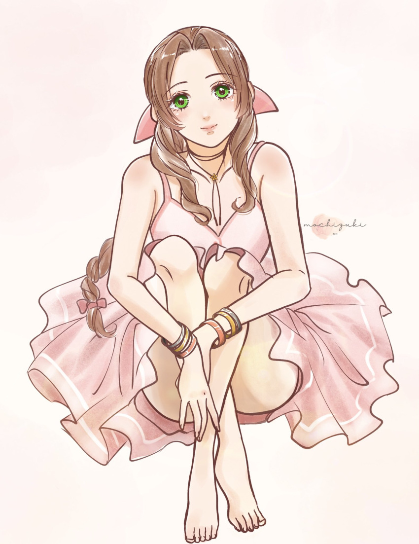 1girl aerith_gainsborough artist_name bangle bare_shoulders barefoot bracelet braid braided_ponytail breasts brown_hair choker crossed_ankles dress final_fantasy final_fantasy_vii final_fantasy_vii_rebirth final_fantasy_vii_remake flower_choker full_body green_eyes hair_ribbon highres hugging_own_legs jewelry light_blush long_dress long_hair looking_at_viewer medium_breasts omochi_daisuki parted_bangs pink_dress pink_ribbon ribbon sidelocks single_braid sitting smile solo wavy_hair