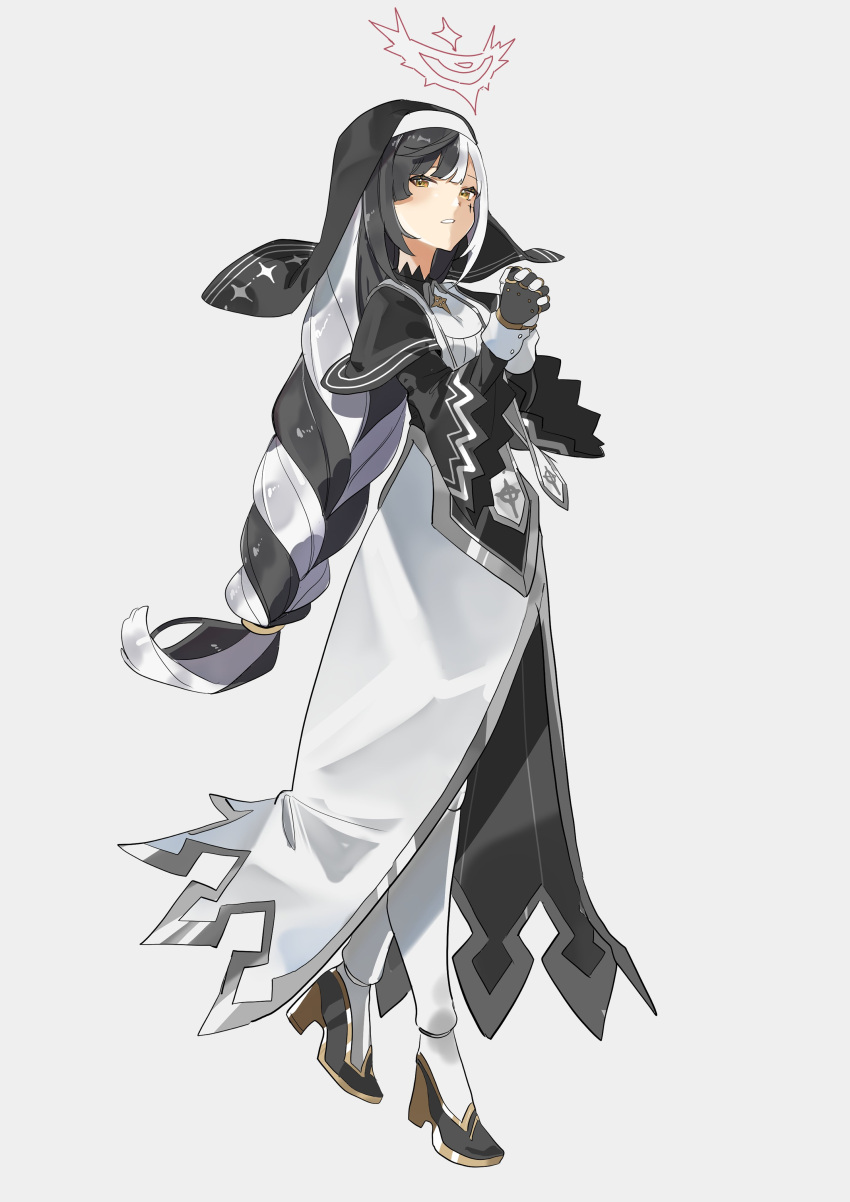 1girl absurdres black_hair coif commission deitaku dress habit halo headband high_heels highres long_dress long_hair multicolored_hair nun original own_hands_clasped own_hands_together solo two-tone_hair very_long_hair violet_(ac8231) white_background white_hair white_headband