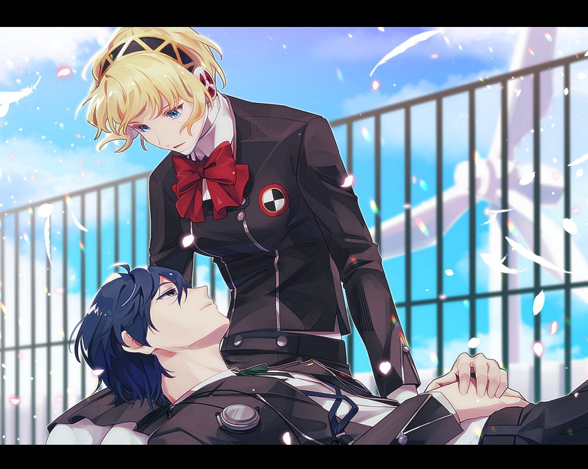 1boy 1girl aegis_(persona) android black_hairband black_jacket black_ribbon black_skirt blonde_hair blue_eyes blue_hair blue_sky bow bowtie closed_mouth cloud day elulit2 floating_hair gekkoukan_high_school_uniform gold_trim hairband hashtag_only_commentary highres jacket lap_pillow long_sleeves looking_at_another neck_ribbon open_clothes open_jacket outdoors persona persona_3 petals pleated_skirt red_bow red_bowtie ribbon robot_ears school_uniform shirt short_hair sitting skirt sky smile uniform white_shirt yuuki_makoto_(persona_3)
