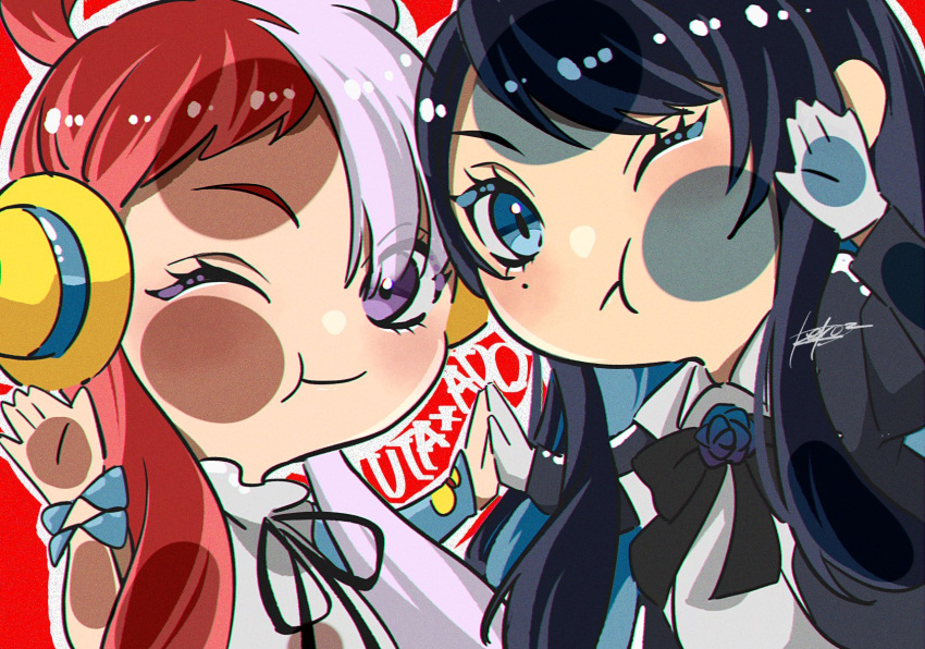 2girls ado_(utaite) black_bow black_bowtie black_coat black_hair blue_eyes blue_flower blue_hair blue_rose bow bowtie chando_(ado) chibi closed_mouth cloud_nine_inc coat collared_shirt colored_inner_hair commentary_request flower flower_brooch gloves highres keeko_(kk_0012) long_hair looking_at_viewer mole mole_under_eye multicolored_hair multiple_girls one_eye_closed one_piece one_piece_film:_red open_clothes open_coat purple_eyes red_hair rose shirt split-color_hair two-tone_hair upper_body uta_(one_piece) utaite voice_actor_connection white_gloves white_hair white_shirt