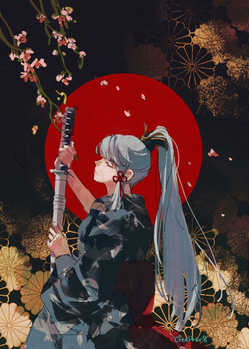 1girl absurdres blue_hair blue_kimono cfeather8 closed_eyes dark_background drawing_sword falling_petals genshin_impact high_ponytail highres holding holding_sword holding_weapon japanese_clothes kamisato_ayaka katana kimono kneeling light_blue_hair long_hair petals scabbard sheath sidelocks solo straight_hair swept_bangs sword weapon