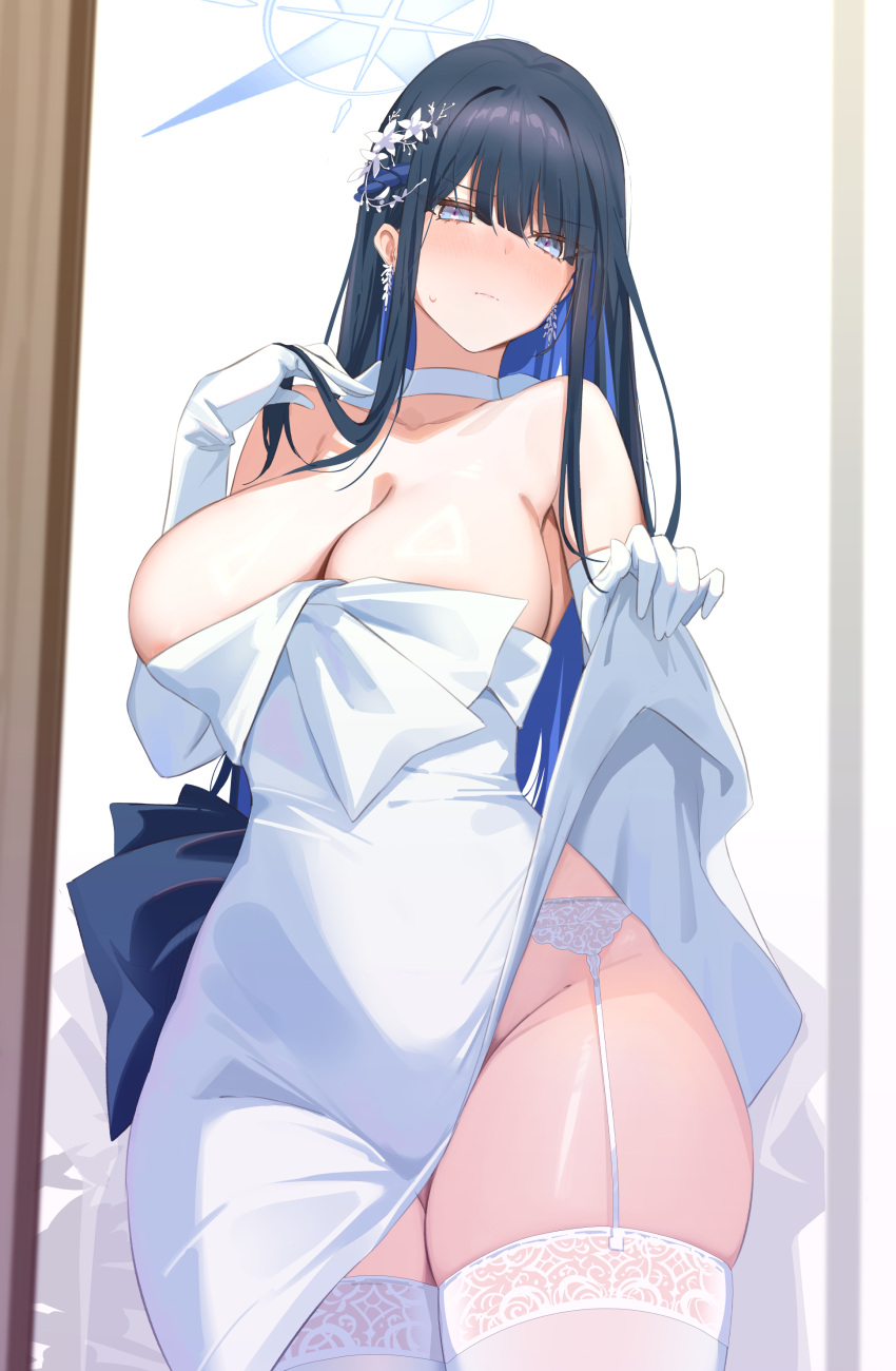 1girl absurdres bare_shoulders black_hair blue_archive blue_eyes blue_hair blue_halo blush breasts choker closed_mouth clothes_lift colored_inner_hair cowboy_shot dress dress_lift elbow_gloves garter_belt garter_straps gloves halo highres kakumayu large_breasts lifted_by_self long_hair looking_at_viewer multicolored_hair nose_blush official_alternate_costume saori_(blue_archive) saori_(dress)_(blue_archive) skindentation solo standing strapless strapless_dress sweatdrop thick_thighs thighhighs thighs white_choker white_dress white_gloves