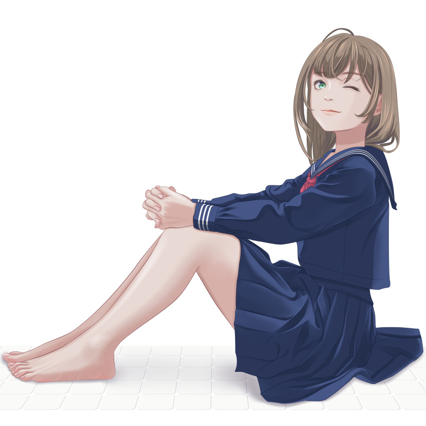 1girl absurdres bare_legs barefoot blue_serafuku blue_skirt brown_hair closed_mouth commentary eyelashes feet full_body green_eyes highres knees_up legs long_hair long_sleeves looking_at_viewer neckerchief one_eye_closed original own_hands_together pleated_skirt red_neckerchief sailor_collar school_uniform serafuku shadow skirt solo toenails toes toyoki white_background
