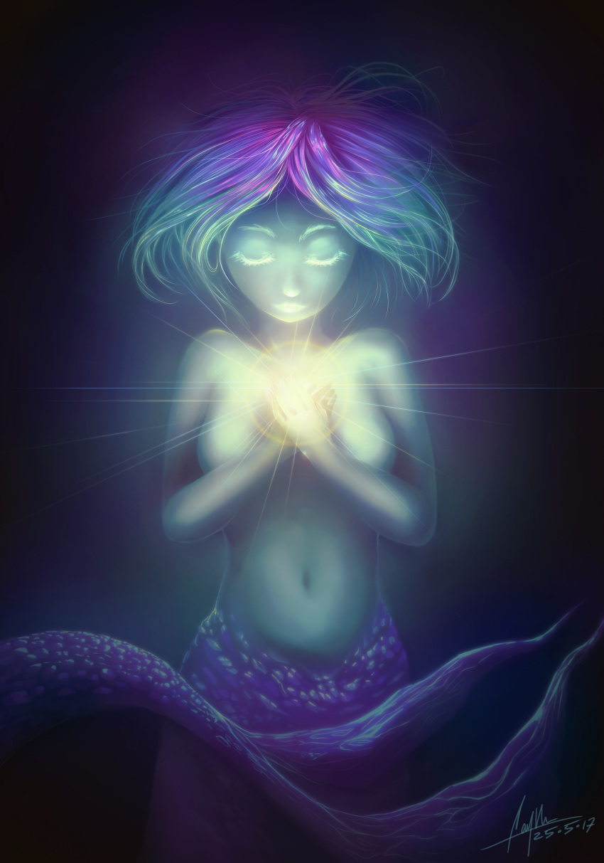 2017 absurd_res alternate_species breasts caymartworks colorful cool_colors detailed detailed_scales eyes_closed featureless_breasts female front_view glowing glowing_eyelashes glowing_lips hair hand_on_chest hands_together hi_res light light_body light_skin lighting lips magic marine merfolk multicolored_hair navel nude purple_body purple_scales scales solo split_form underwater water