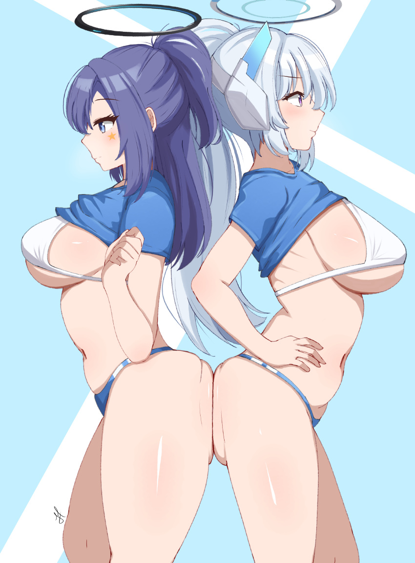 2girls absurdres ass-to-ass ass_press ass_ripple bare_legs bikini bikini_top_only blue_archive blue_buruma blue_hair blue_shirt blush breasts buruma closed_mouth clothes_lift covered_nipples double_vertical_stripe halo highres long_hair mechanical_halo multiple_girls navel noa_(blue_archive) ponytail purple_hair shirt shirt_lift short_sleeves sideboob sidelocks simple_background standing star_sticker sticker_on_face swimsuit two_side_up white_bikini yuuka_(blue_archive) zhyseven