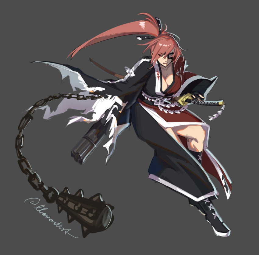 1girl amputee baiken black_kimono breasts cleavage eyepatch guilty_gear highres japanese_clothes katana kimono large_breasts llamartist long_hair multicolored_clothes multicolored_kimono one-eyed open_clothes open_kimono pink_hair ponytail samurai solo sword torn_sleeve weapon