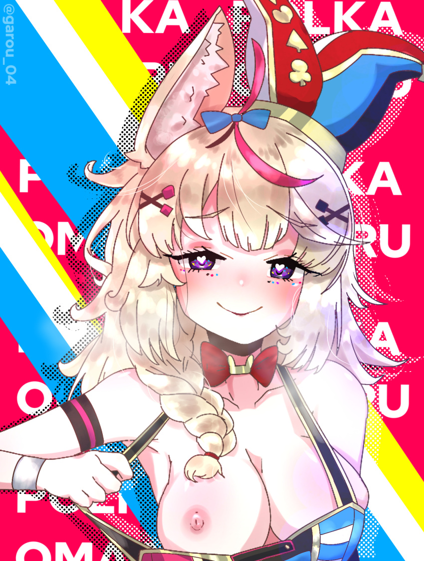 1girl ahoge animal_ear_fluff animal_ears arm_strap armpits bare_shoulders black_hair blonde_hair blue_bow blush bow bowtie braid breasts character_name closed_eyes commentary facial_mark fox_ears fox_girl garoudesu0202 hair_bow hair_ornament hair_over_shoulder hairclip halter_shirt halterneck hat heart heart-shaped_pupils highres hololive jester_cap large_breasts long_hair looking_at_viewer multicolored_background multicolored_hair nipples omaru_polka omaru_polka_(1st_costume) one_breast_out pink_hair polka_dot_outline purple_eyes red_bow red_bowtie shirt side_braid single_braid sleeveless sleeveless_shirt smile solo streaked_hair symbol-shaped_pupils tilted_headwear traditional_bowtie upper_body virtual_youtuber wrist_cuffs x_hair_ornament