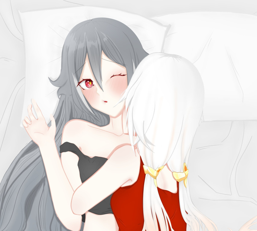 alternate_costume back bare_shoulders black_sports_bra blanket blush fu_hua fu_hua_(fenghuang_of_vicissitude) fu_hua_(herrscher_of_sentience) grey_background grey_hair hair_between_eyes head_on_pillow highres honkai_(series) honkai_impact_3rd licking licking_another's_neck long_hair looking_at_another low-tied_long_hair low_twintails multicolored_hair nadhoe00 off_shoulder one_eye_closed parted_lips pillow red_eyes red_tank_top sports_bra streaked_hair tank_top twintails upper_body white_hair yellow_pupils