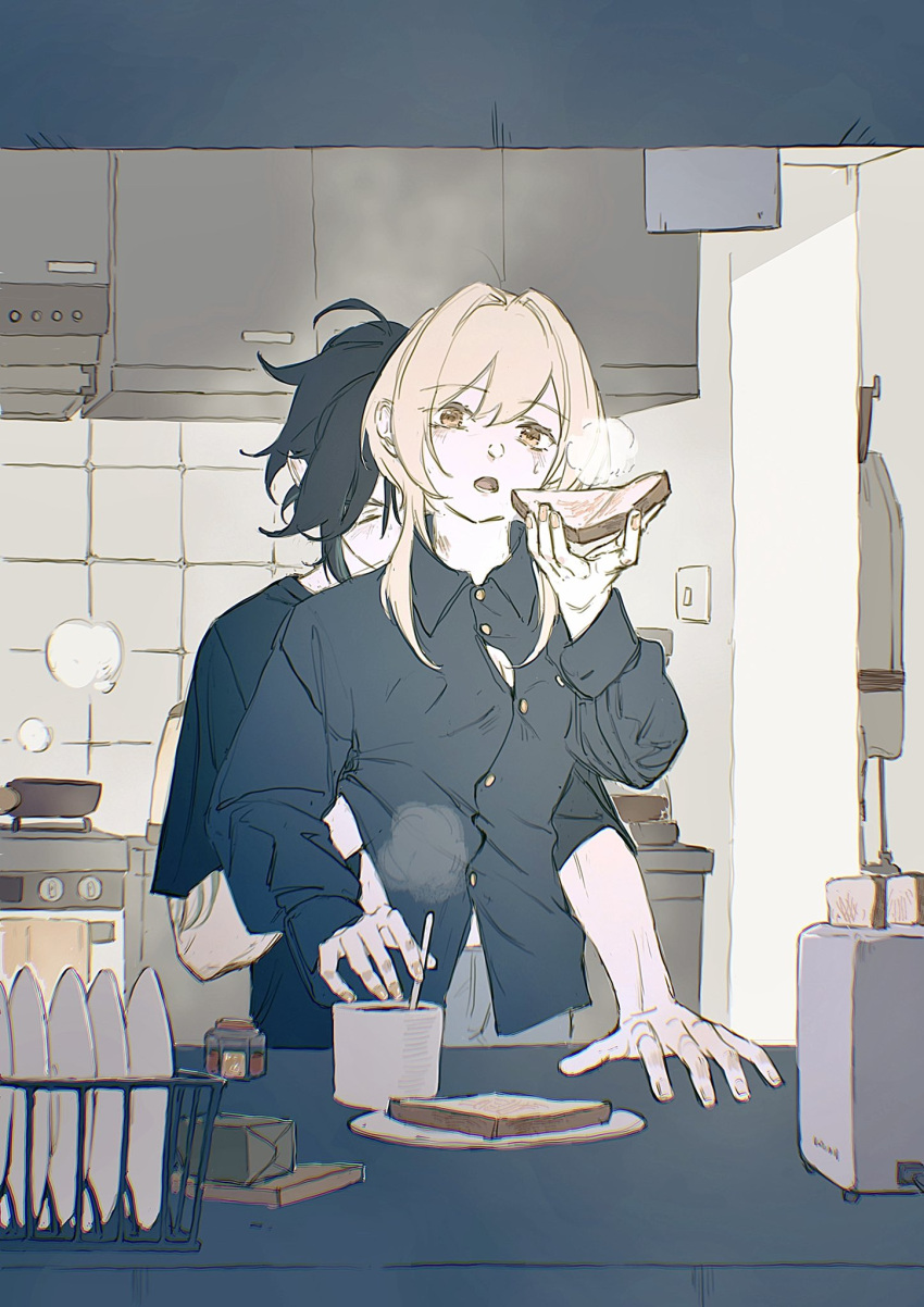 1boy 1girl alternate_universe black_shirt bread bread_slice coffee coffee_mug collared_shirt contemporary couple cup food genshin_impact hand_on_table hand_under_clothes hand_under_shirt hetero hickey highres holding holding_food indoors kitchen lumine_(genshin_impact) mug n.s.egg open_mouth shirt steam sweatdrop t-shirt toast xiao_(genshin_impact)