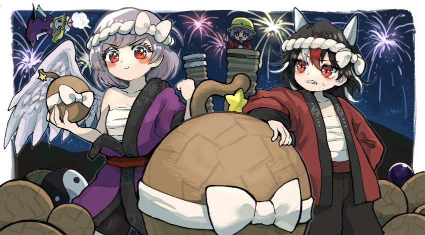 4girls black_hair black_legwear black_pants blonde_hair blush bomb bow commentary_request dress feathered_wings fireworks gap_(touhou) grey_hair hachimaki hadanugi_dousa happi hardhat hat headband helmet highres holding horns howhow_notei japanese_clothes kijin_seija kishin_sagume long_hair long_sleeves medium_hair minigirl mob_cap multicolored_hair multiple_girls nejiri_hachimaki night occult_ball orb outdoors pants pantyhose purple_dress purple_hair red_eyes red_hair sarashi single_wing smile sparkling_eyes star_(symbol) streaked_hair sukuna_shinmyoumaru thumbs_up touhou white_bow white_hair white_headwear wide_sleeves wings yakumo_yukari yin_yang yin_yang_orb