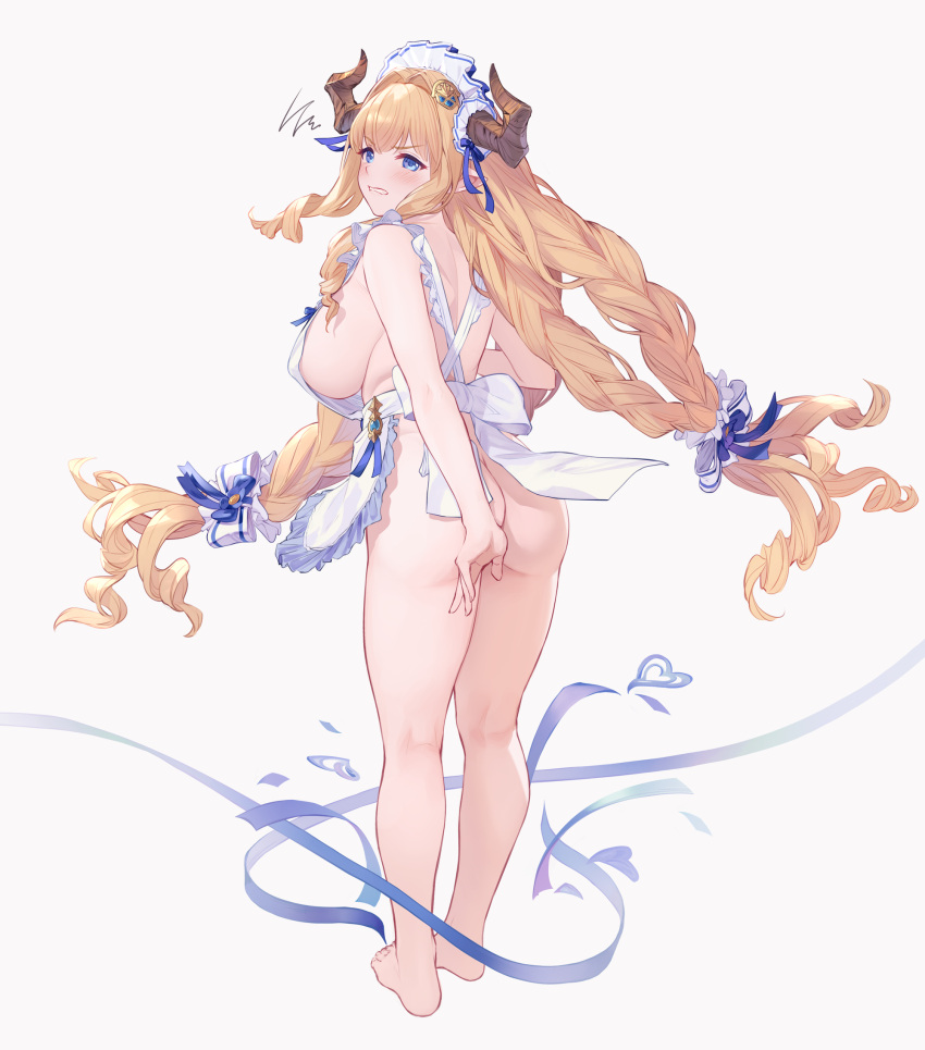 1girl angry apron ass blonde_hair blue_eyes blush breasts covering_ass covering_privates draph from_behind full_body granblue_fantasy highres horn_ornament horns large_breasts long_hair looking_at_viewer naked_apron pointy_ears razia sideboob simple_background solo standing u_jie very_long_hair white_background