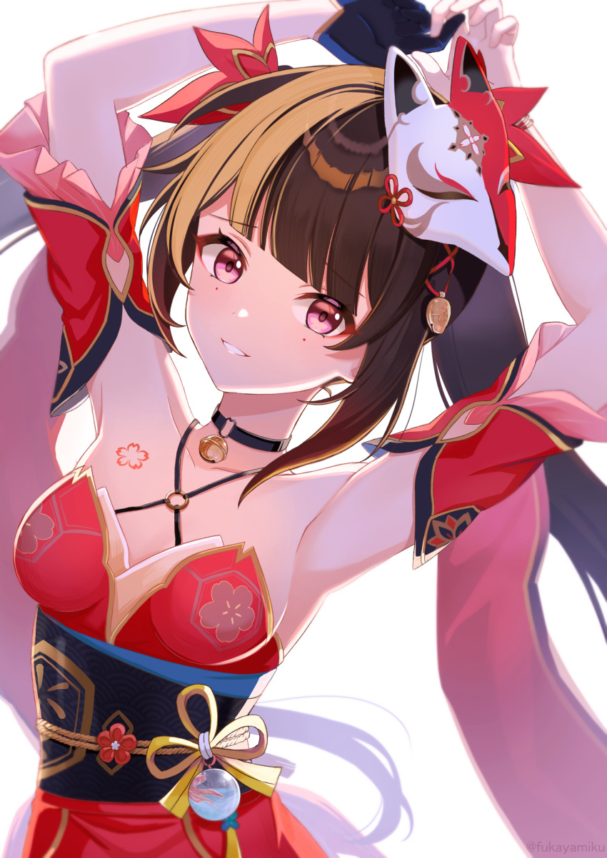 1girl :d armpits arms_behind_head arms_up bare_shoulders bell black_choker black_gloves bow breasts brown_hair chest_tattoo choker collarbone cowboy_shot criss-cross_halter detached_sleeves dress eyeliner flower_tattoo fox_mask fukaya_miku gloves grin hair_bow halterneck highres honkai:_star_rail honkai_(series) large_breasts long_hair looking_at_viewer makeup mask mask_on_head neck_bell o-ring obi open_mouth pink_eyes red_bow red_dress red_eyeliner sash short_sleeves sidelocks simple_background single_glove sleeveless sleeveless_dress smile solo sparkle_(honkai:_star_rail) tattoo teeth twintails white_background