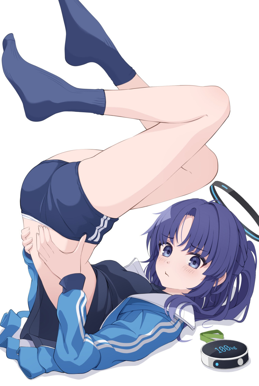 1girl arm_support ass bare_back blue_archive blue_buruma blue_jacket blue_skirt blush buruma commentary gym_uniform halo highres jacket legs_up long_hair looking_at_viewer lying mechanical_halo official_alternate_costume on_back panties panty_peek ponytail purple_eyes purple_hair shijima_(shijima_tc) shirt simple_background skirt socks solo top-down_bottom-up track_jacket underwear yuuka_(blue_archive) yuuka_(track)_(blue_archive)