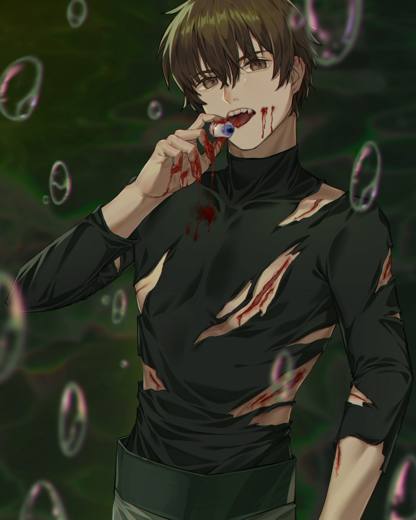 1boy black_shirt blood blood_on_clothes blood_on_face blood_on_hands blood_stain brown_eyes brown_hair bubble cuts facing_viewer guro h13480824183 hair_between_eyes highres holding_eyeball injury li_"xiaolang" licking licking_eye looking_at_viewer male_focus open_mouth sharp_teeth shirt short_hair solo teeth tongue tongue_out torn_clothes tsubasa_chronicle turtleneck_shirt upper_body