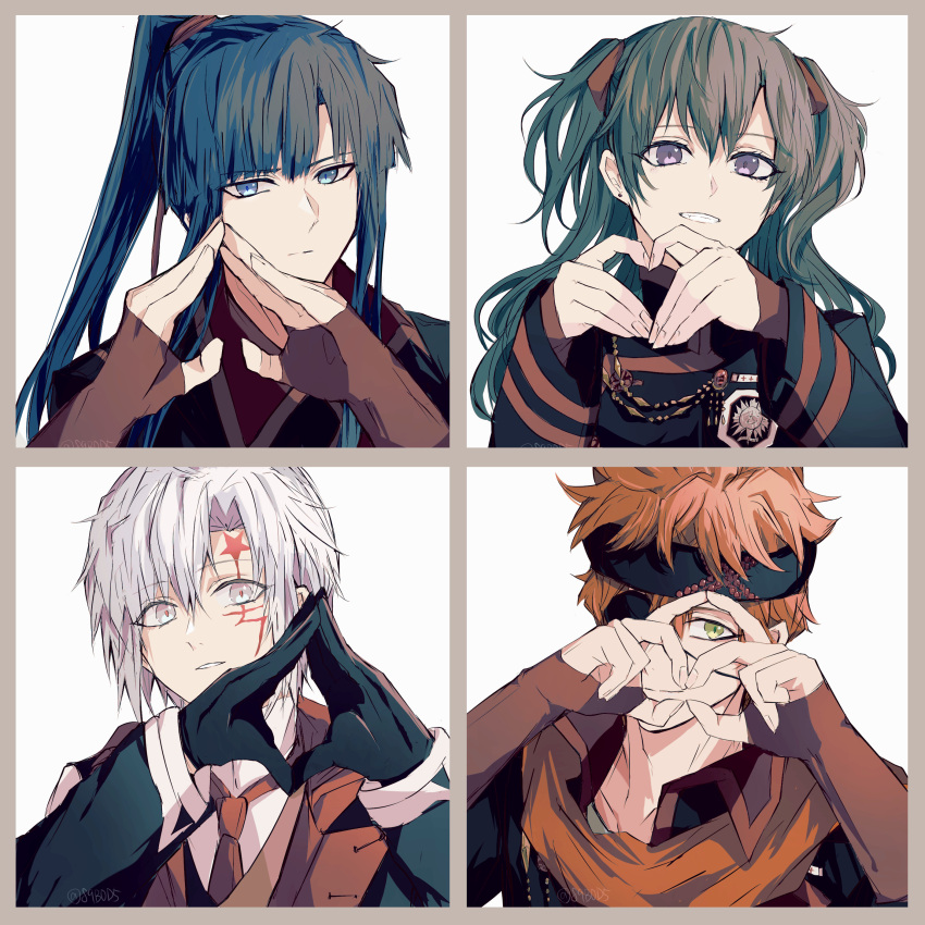 1girl 3boys absurdres allen_walker black_gloves black_order_uniform blue_eyes blue_hair border d.gray-man dark_blue_hair eyepatch gloves green_eyes green_hair grey_border grey_eyes heart heart_hands high_ponytail highres jacket kanda_yuu lavi lenalee_lee long_hair looking_at_viewer military_jacket multiple_boys necktie portrait purple_eyes red_hair red_necktie red_scarf scar scar_across_eye scarf short_hair smile sodamachi twintails uniform white_background white_hair