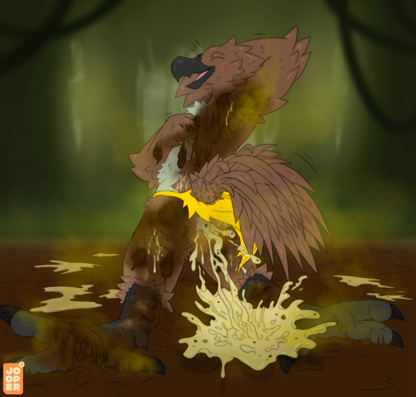 anthro anus avian beak bird bird_feces blush bottomwear brown_body brown_feathers chris_(dirtybirdbutt) clothing dirty feathers feces feces_covered feces_on_body feces_on_ground feces_pile feet happy hi_res jooper kneeling loincloth male mud mud_bath mud_covered musk pooping pooping_on_floor raised_arms raised_tail rubbing scat smearing smelly smile solo stink_lines tail talons toes