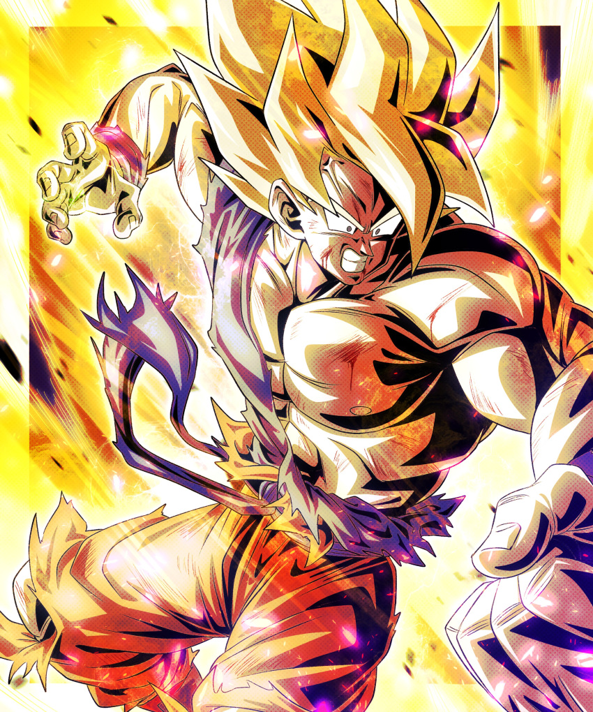 1boy absurdres aura blonde_hair blue_shirt clenched_hand clenched_teeth cowboy_shot dragon_ball dragon_ball_z green_eyes highres injury medium_hair muscular muscular_male orange_pants pants sekitsuki_hayato shirt solo son_goku spiky super_saiyan super_saiyan_1 teeth topless torn_clothes torn_shirt