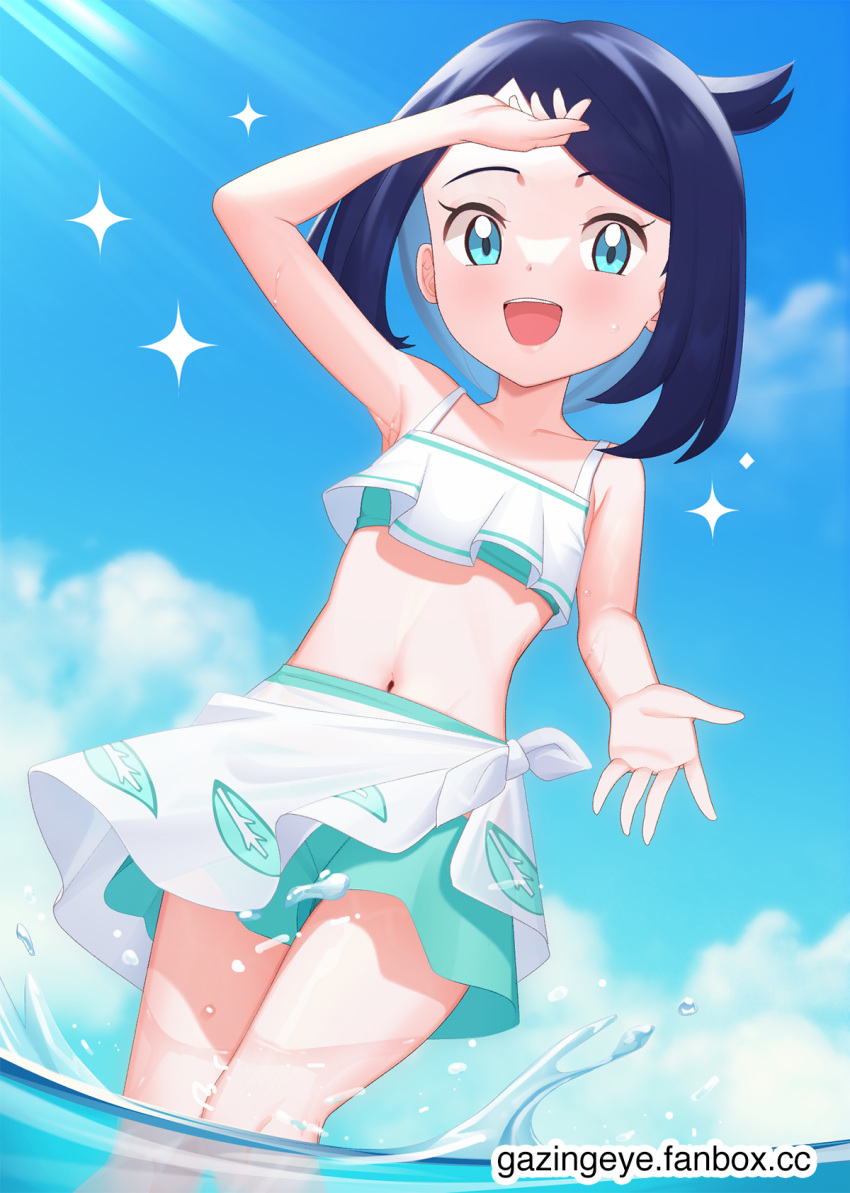 1girl :d arm_up black_hair cloud commentary cowlick day eyelashes gazing_eye green_eyes green_shorts happy highres knees liko_(pokemon) looking_down midriff navel open_mouth outdoors pokemon pokemon_(anime) pokemon_horizons shorts sky smile solo sparkle swimsuit teeth upper_teeth_only wading water water_drop watermark web_address