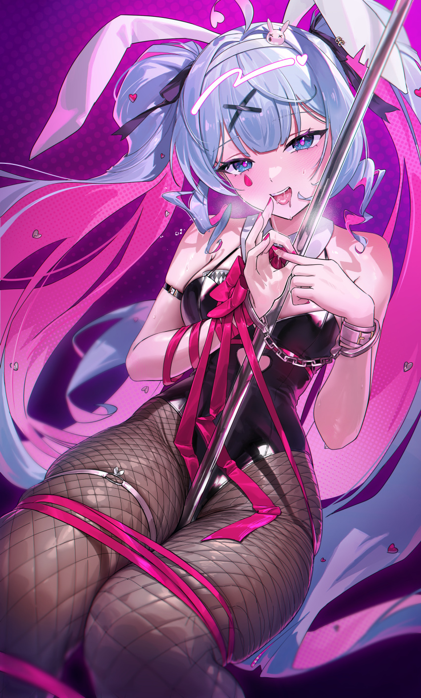 1girl absurdres animal_ears bare_shoulders black_leotard blue_eyes blue_hair blush bound breasts broken_handcuffs chochomi clothing_cutout cuffs cutout_above_navel fake_animal_ears fishnet_pantyhose fishnets hair_ornament handcuff_dangle handcuffs hatsune_miku heart_cutout highres leotard looking_at_viewer multicolored_hair open_mouth pantyhose pink_pupils playboy_bunny pole rabbit_ears rabbit_hole_(vocaloid) ribbon ribbon_bondage smile solo spring_rider stomach_cutout stripper_pole tongue tongue_out twintails two-tone_hair vocaloid x_hair_ornament