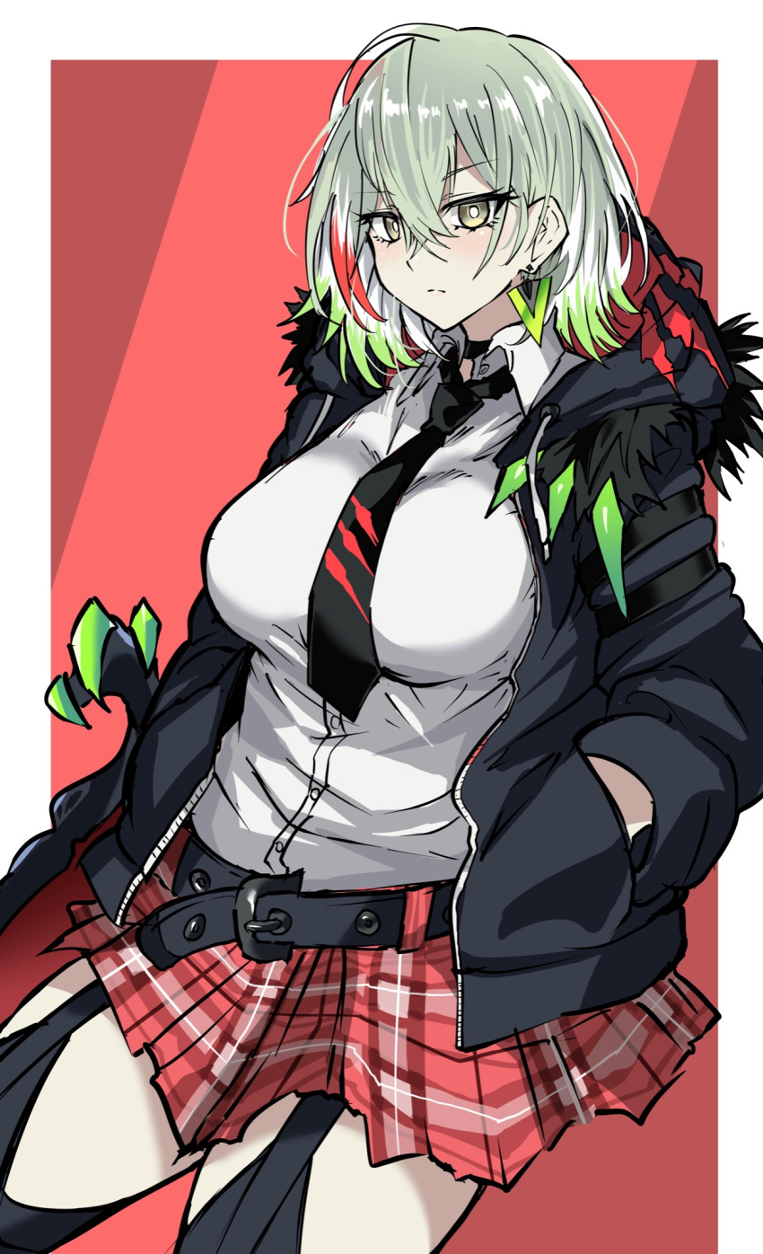 1girl alternate_costume black_necktie black_thighhighs breasts claws collared_shirt colored_tips diabellstar_the_black_witch duel_monster earrings eyelashes garter_straps green_eyes green_hair grey_hair hands_in_pockets highres hood hooded_jacket jacket jewelry large_breasts looking_at_viewer multicolored_hair necktie red_background red_skirt shirt short_hair skirt solo synchroman thighhighs white_shirt yu-gi-oh!