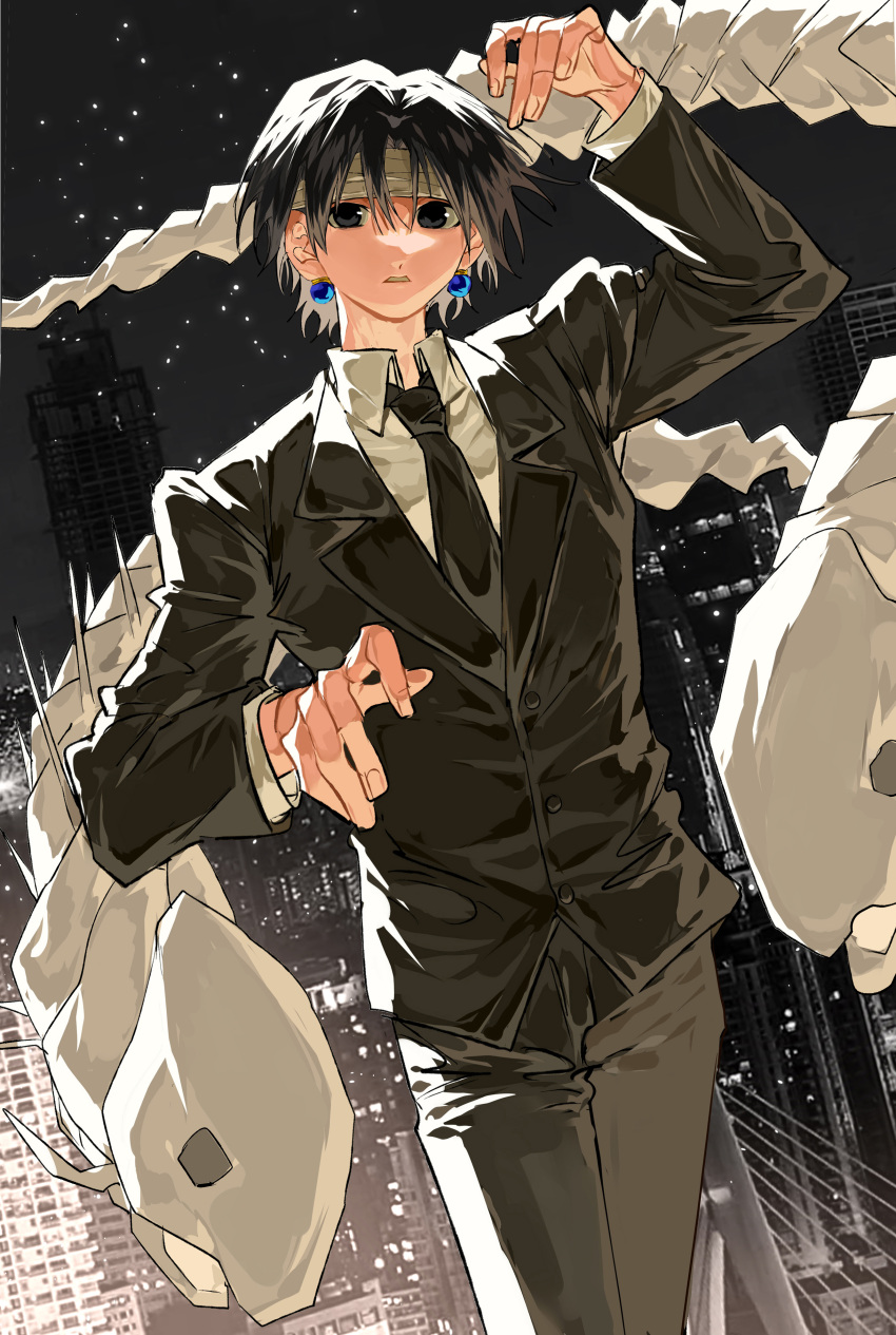 1boy absurdres arm_up bandaged_head bandages black_eyes black_hair black_jacket black_necktie black_pants black_suit building chrollo_lucilfer cityscape cowboy_shot dress_shirt earrings hand_up headband highres hunter_x_hunter jacket jewelry magic male_focus necktie night night_sky pants shirt sky skyscraper solo standing star_(sky) starry_sky suit suit_jacket white_shirt xi_luo_an_ya