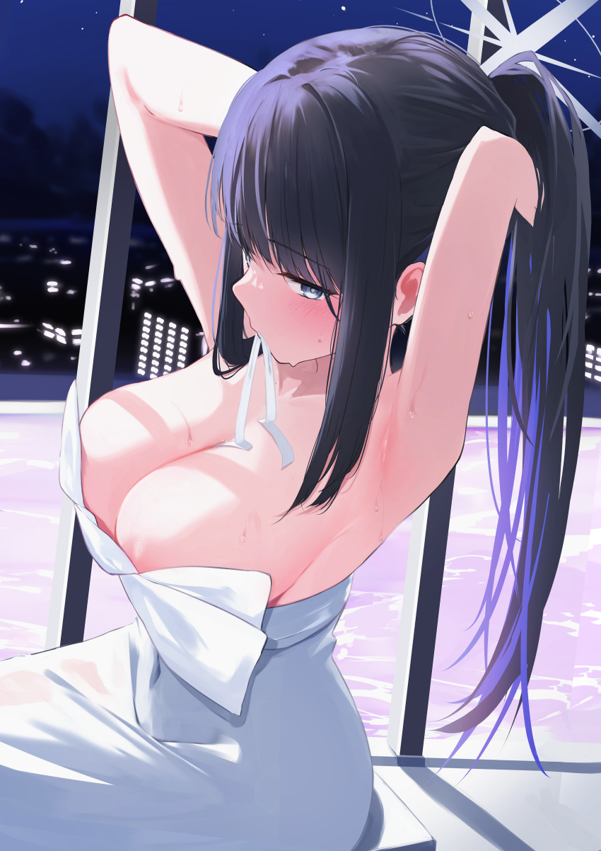 1girl absurdres adjusting_hair areola_slip armpits arms_up black_hair blue_archive blush breasts building cleavage collarbone commentary_request covered_navel dress halo hands_in_own_hair highres long_hair looking_at_viewer mechanical_halo medium_breasts memekko mouth_hold multicolored_hair night ponytail purple_hair saori_(blue_archive) saori_(dress)_(blue_archive) sideboob sidelocks solo streaked_hair two-tone_hair white_dress window