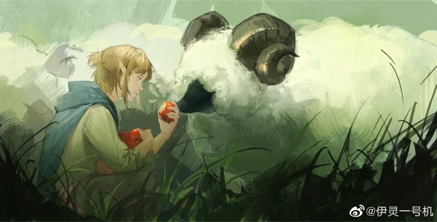 1boy apple blonde_hair blue_cape blue_eyes blue_hood cape chinese_commentary closed_mouth commentary_request feeding food from_side fruit grass highres holding holding_food holding_fruit hood hood_down hooded_cape light_smile link long_sleeves male_focus outdoors pointy_ears sheep shirt short_hair short_ponytail solo the_legend_of_zelda the_legend_of_zelda:_breath_of_the_wild upper_body watermark weibo_logo weibo_username white_shirt white_sleeves yi_ling_yi_hao_ji