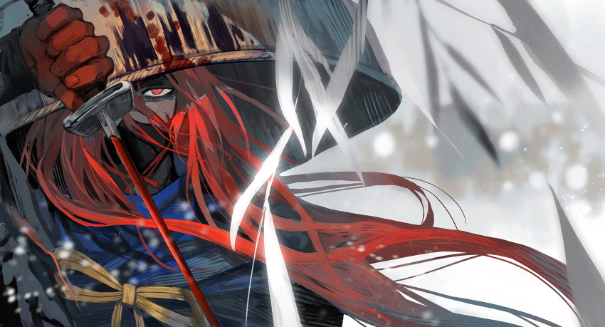 1boy blood blood_on_clothes blue_cloak blurry cloak commentary depth_of_field fate/grand_order fate_(series) highres holding holding_sword holding_weapon lack long_hair looking_at_viewer male_focus mask mouth_mask okada_izou_(fate) okada_izou_(second_ascension)_(fate) red_eyes red_hair sandogasa snow solo sword weapon
