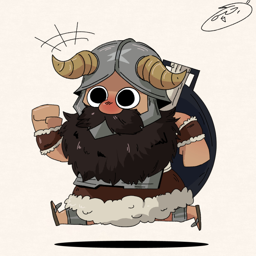 1boy awlowl beard brown_hair chibi clenched_hands dilated_pupils dungeon_meshi dwarf facial_hair fake_horns from_side full_body happy_aura helmet horned_helmet horns long_beard male_focus red_nose running senshi_(dungeon_meshi) solo thick_mustache very_long_beard wok