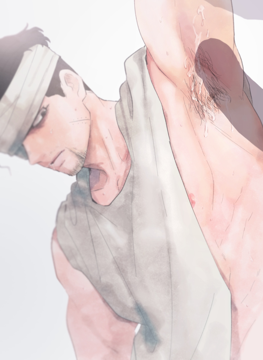 2boys arm_up armpit_focus armpit_sex bandaged_head bandages bara black_hair cum cum_in_mouth cum_on_armpits cum_on_body erection facial_hair goatee_stubble golden_kamuy hair_slicked_back highres invisible_penis looking_at_penis male_focus multiple_boys nipples official_alternate_costume ogata_hyakunosuke pectorals penis scar scar_on_cheek scar_on_face short_hair shumari_rf sidepec sleeveless solo_focus stubble toned toned_male undercut yaoi