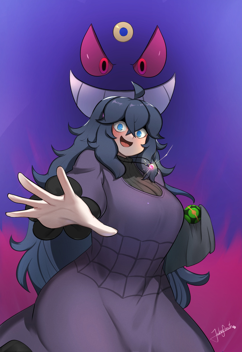 1girl @_@ ahoge alternate_breast_size black_hair blush breasts crossed_bangs curvy dress dusk_ball gengar hair_between_eyes hex_maniac_(pokemon) highres holding holding_poke_ball john_(a2556349) large_breasts long_dress long_hair looking_at_viewer mega_gengar mega_stone messy_hair open_mouth poke_ball pokemon pokemon_(creature) pokemon_xy