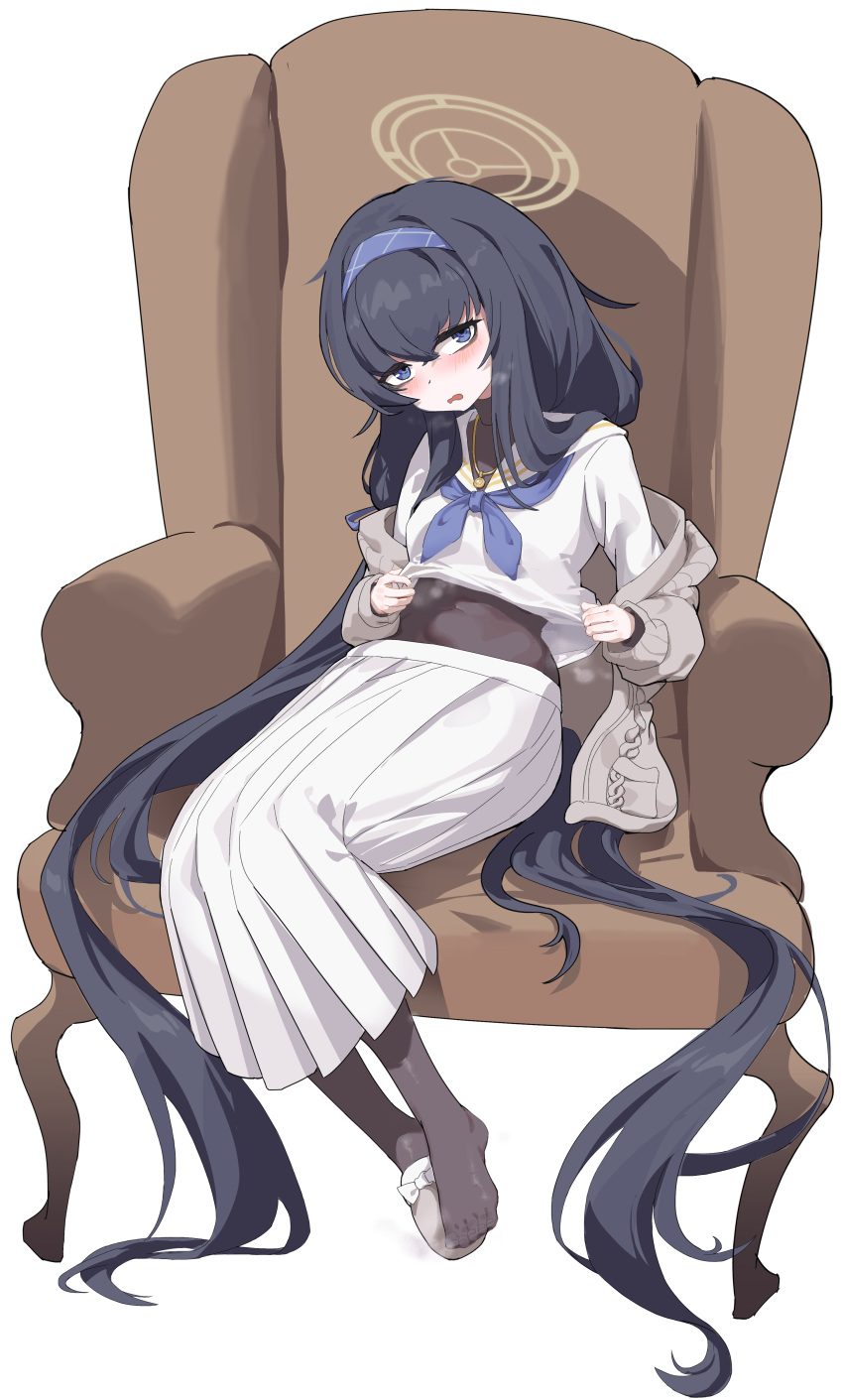 1girl absurdly_long_hair absurdres armchair bags_under_eyes black_hair black_pantyhose black_undershirt blue_archive blue_eyes blue_hairband blue_neckerchief blush brown_cardigan bx_(zhileng_yasuoji) cardigan chair crossed_bangs hair_between_eyes hairband halo highres long_hair long_skirt long_sleeves looking_at_viewer midriff neckerchief pantyhose sailor_collar school_uniform serafuku shoes single_shoe sitting skirt slippers solo steaming_body ui_(blue_archive) very_long_hair white_sailor_collar white_serafuku white_skirt