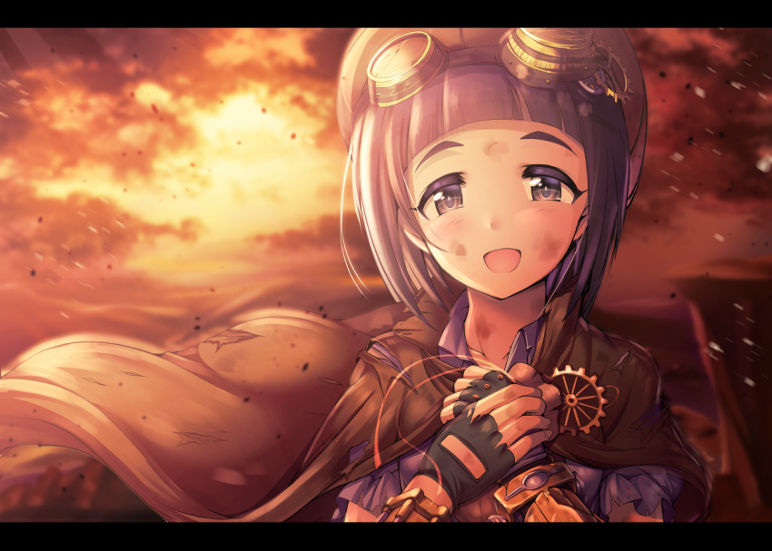 1girl arm_guards black_gloves blue_hair blunt_bangs blush breasts brown_cloak brown_headwear cloak cloud collarbone cup dirty dirty_clothes dirty_face dot_nose fingerless_gloves gloves goggles goggles_on_head gradient_sky hands_up idolmaster idolmaster_cinderella_girls idolmaster_cinderella_girls_starlight_stage looking_at_viewer ment okazaki_yasuha open_mouth outdoors own_hands_clasped own_hands_together purple_eyes purple_shirt shirt short_hair short_sleeves sky small_breasts smile solo sunset upper_body