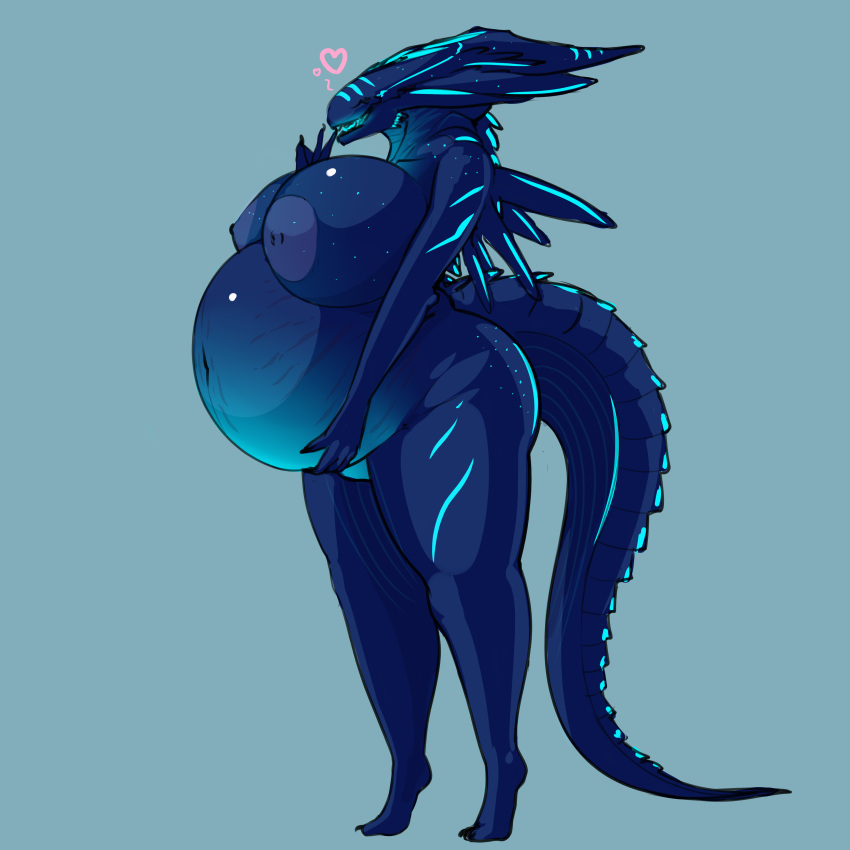 absurd_res alien alien_(franchise) anthro belly big_belly big_breasts blue_body blue_markings breasts eyeless female heart_symbol hi_res huge_belly huge_breasts hyper hyper_pregnancy markings nikostargazer nipples nude pregnant pregnant_female simple_background solo spiked_tail spikes spikes_(anatomy) stretch_marks tail teeth thick_thighs xeddo xenomorph xenomorph_queen