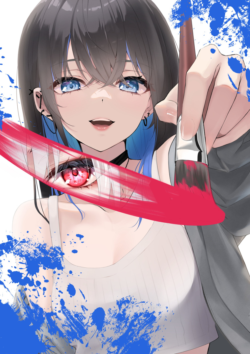 1girl absurdres black_hair blue_eyes camisole crossed_bangs grey_jacket highres holding holding_paintbrush jacket looking_at_viewer mirea open_clothes open_jacket open_mouth original paintbrush painting_(action) red_eyes shirt solo teeth upper_teeth_only white_camisole white_hair white_shirt